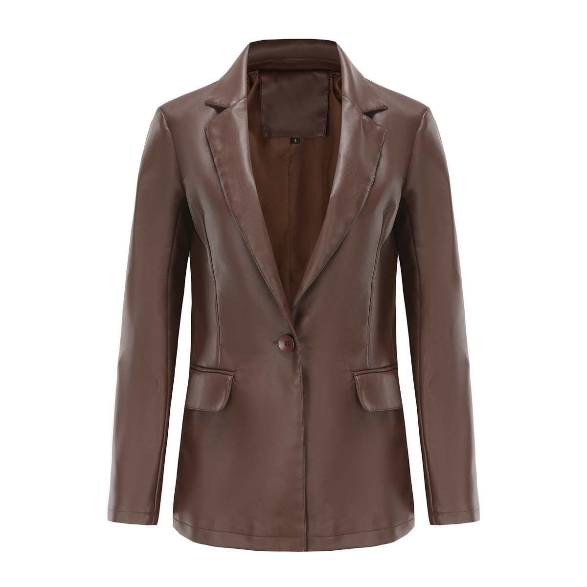 Picture of 2023 real shot new European and American small suit cross-border long sleeve coat women's single grain buckle commuter casual solid color leather coat