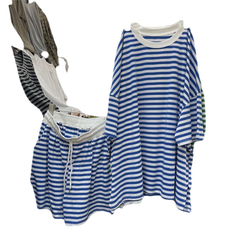 Picture of # Jin College Style Striped Casual Sports Suit Women's Summer Loose Fashion Short-sleeved Shirt Shorts Two-piece Set