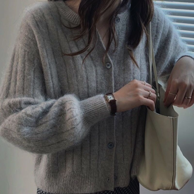 South Korea Chic Autumn and Winter New Lazy Style Loose Cardigan Puff Sleeve Sweater for Women