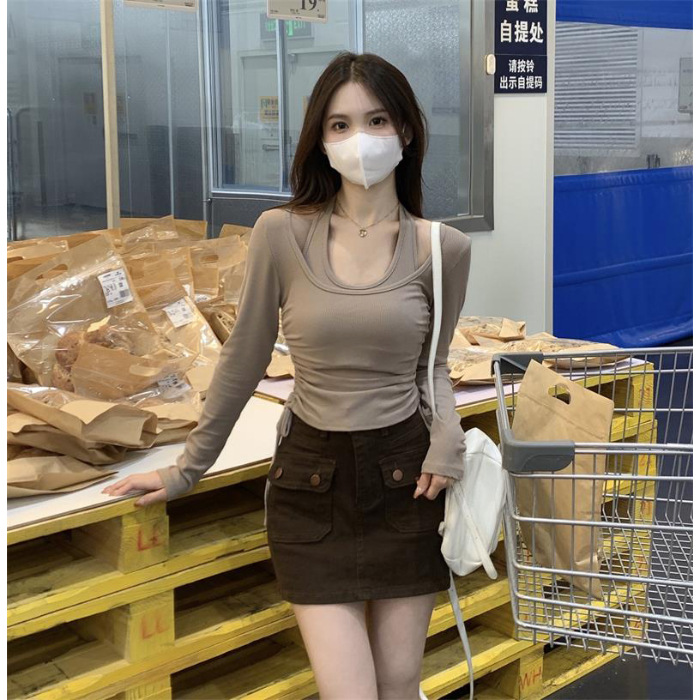 Picture of Spring and Autumn Korean version of the new personality hanging neck long sleeve T-shirt women's ins chic figure base shirt wholesale