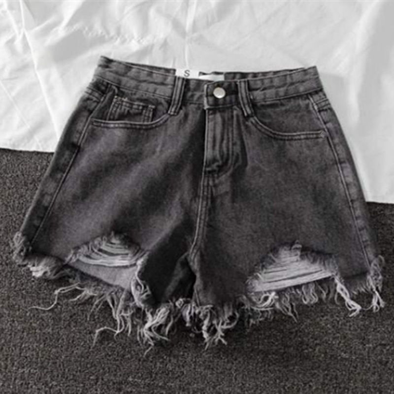 Picture of Cotton-Containing Ripped High-Waisted Denim Shorts for Women Summer 2021 Versatile Slimming Look A-Line Pants Raw Edge Frayed Wide-Leg Pants for Women