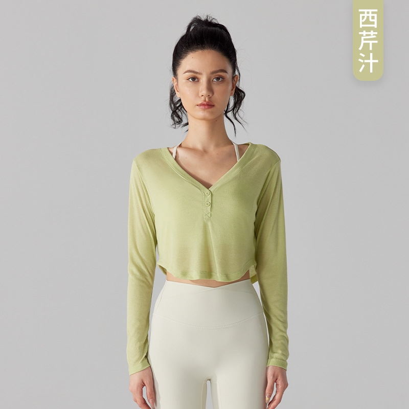 Picture of Wholesale Spring Summer Autumn Tencel Yoga Long Sleeve Loose Breathable V-neck Sports Blouse Women's Quick-drying Running Fitness Wear