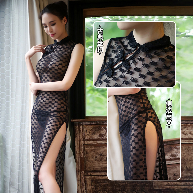 Long nightgown women's summer sexy lace cheongsam dress classical cheongsam perspective revealing uniform temptation