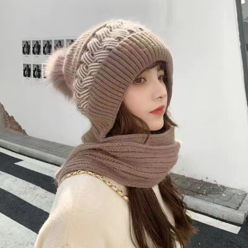 Picture of Hat women's winter Korean-style fashion wool hat winter versatile warm thickened ear protection knitted hat scarf integrated