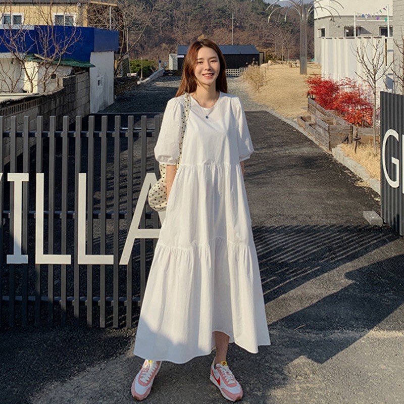 South Korea Loose White dress Women's plus size Elegant Ladies Mid-Sleeve A- Line Fairy Skirt to Ankle Summer
