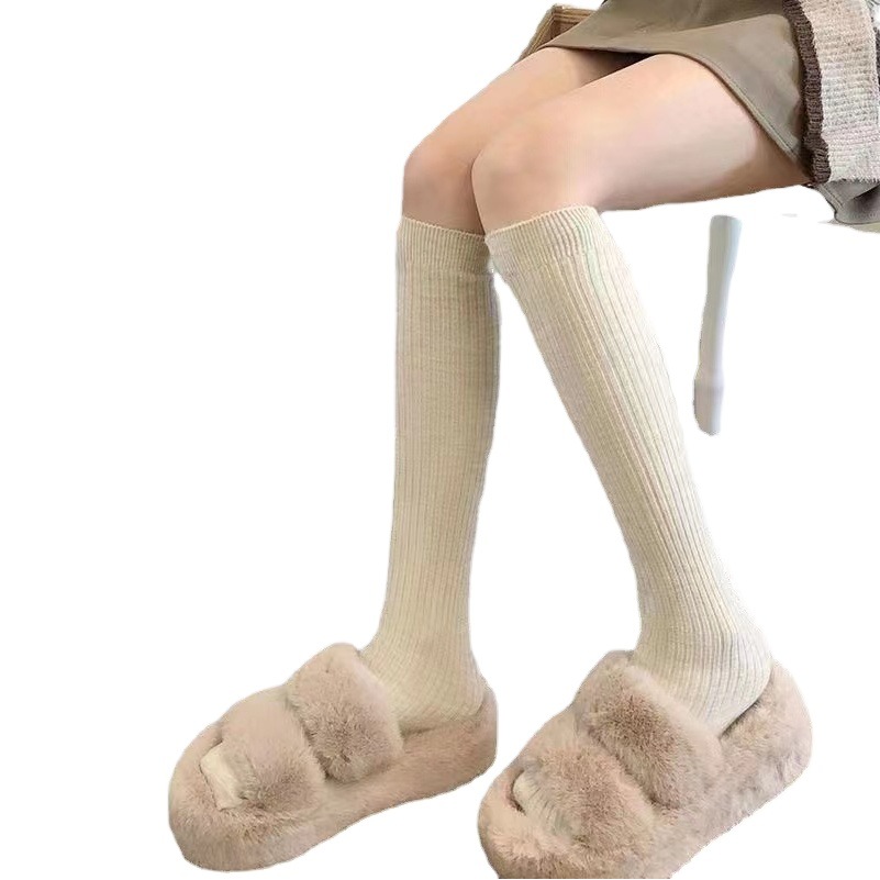 Spring and Autumn White Vertical Striped Calf Socks Over-the-knee Stockings Mid-length Stockings Women's Autumn and Winter Stockings Thigh Knee Half-leg Stockings