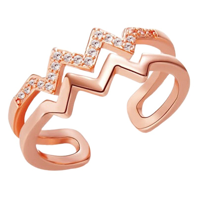 Japanese and Korean-style Double-layer Diamond Heart Wave Line Ring for Women Simple All-match Trendy Cold Style Open Finger Ring