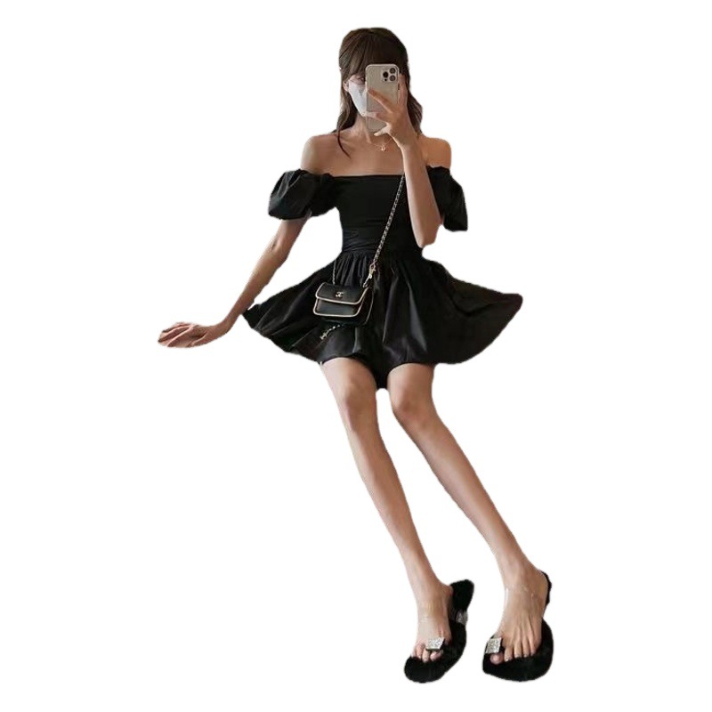 Pure want to wear two French puff sleeve dress waist word shoulder open waist puffy skirt small summer holiday skirt