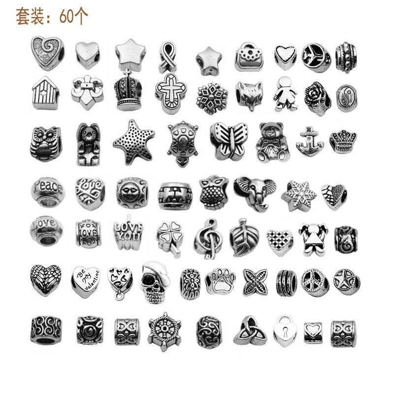 Aliexpress Cross-Border Mixed 60 Kinds of Xizang Silver Alloy Carved Large Hole Beads DIY Jewelry Accessories Bracelet Necklace Wholesale