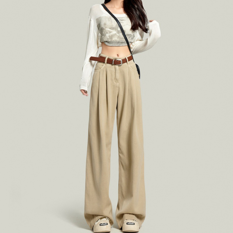 khaki High Waist Wide Leg Jeans Women's Spring and Autumn New Loose Slimming European and American Style Straight Tube Trendy Drape Pants
