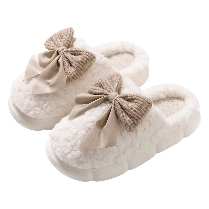 New cotton slippers women's winter warm outdoor wear non-slip thick bottom bow plush slippers for home women Wholesale