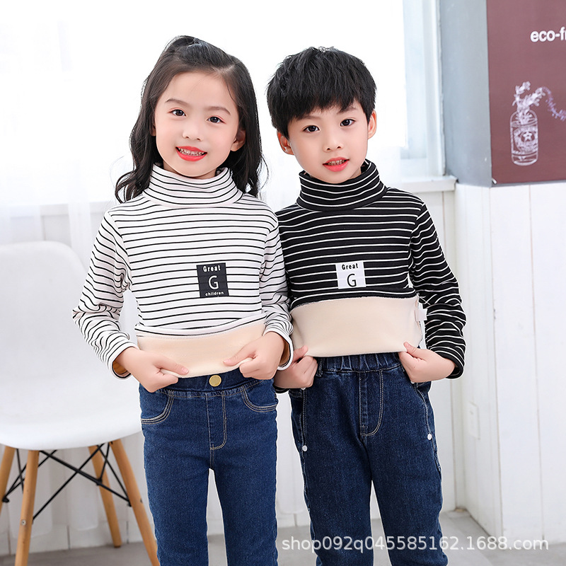 Picture of 2025 Kidsren's Bottoming Shirt Half Turtleneck Fleece-Lined Stripesd Long-Sleeved Warm Top for Boys and Girls Trbottomy Korean Style Autumn and Winter Kidsren's Clothing