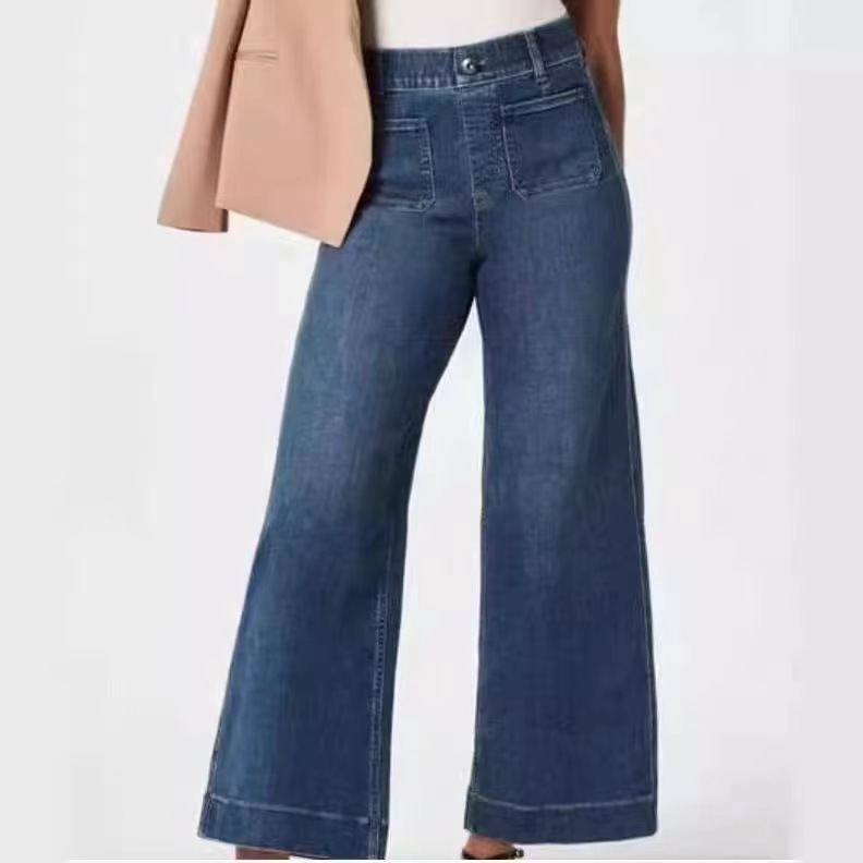 2024 Amazon Cross-border Europe and America 2 Spring and Summer New Casual Denim Pants Nine-point Washed Elastic Horn Wide Leg