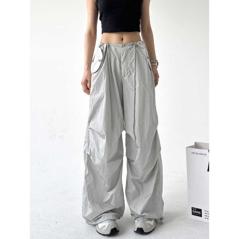 American High Street Casual Cargo Pants for Women 2025 New Loose Versatile High-Waisted Sports Drawstring Wide-Leg Straight Pants for Women