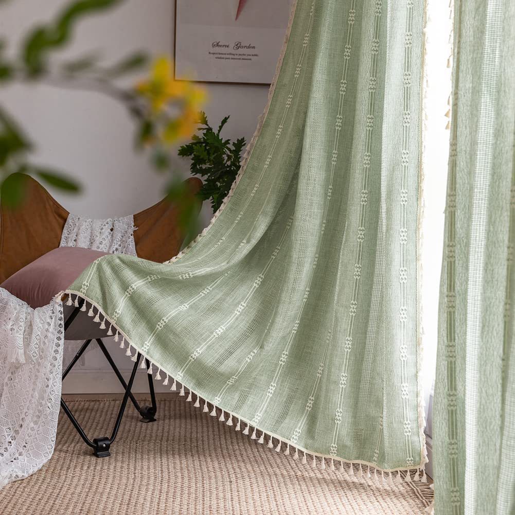 Cross Border Factory Grey Green Bohemian Curtain for Bedroom Living Room Semi Shaded Farmhouse Curtain Cotton Linen Tassel Curtain