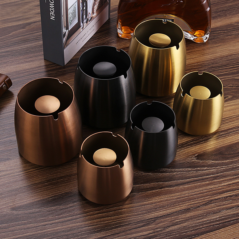 Picture of Ashtray Creative Gift Large Round Hotel Home Gold with Lid Heightened Stainless Steel Ashtray High-End