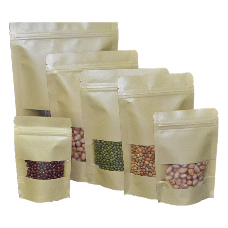 Manufacturer Frosted Window-Opening Yellow Kraft Paper Bag Red Date Packaging Bag Tea Bag Self-Standing Self-Sealing Kraft Paper Bag in Stock