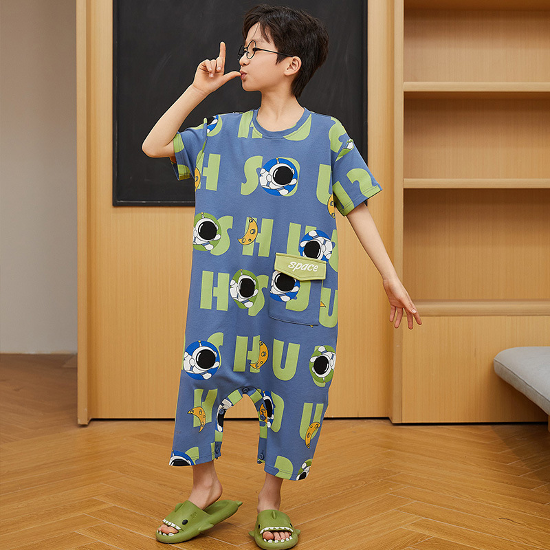 Children's pajamas summer short-sleeved cotton one-piece baby boys' one-piece homewear baby boys' and girls' thin nightgown