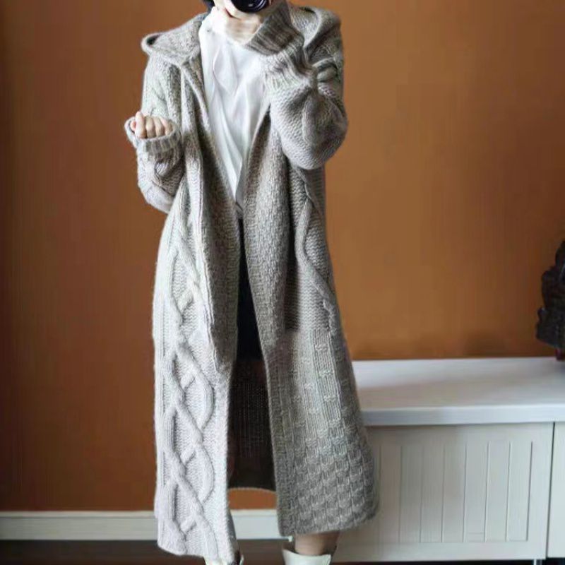 South Korea chic popular sweater coat women's long lazy style loose cardigan hooded twist thick thick sweater