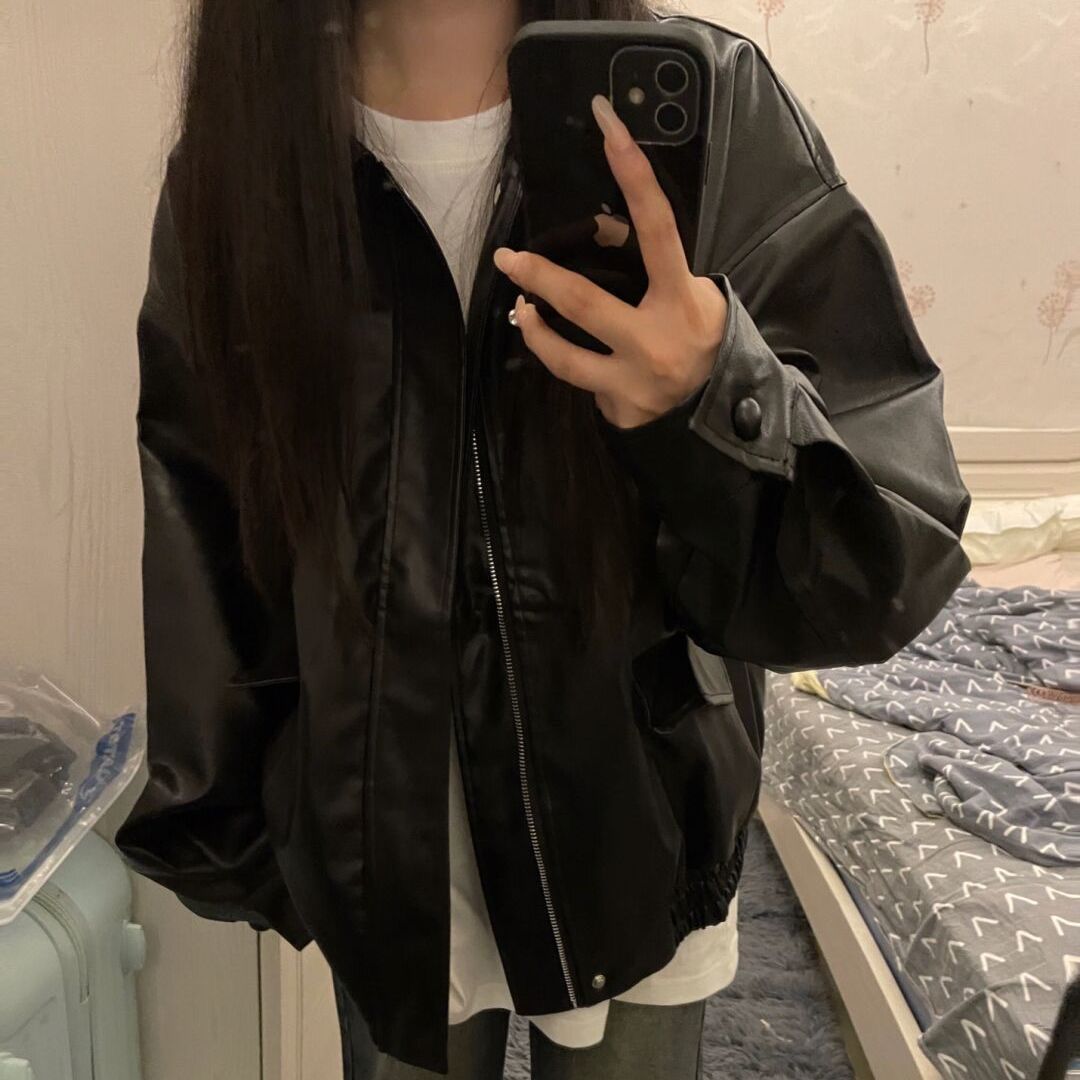Picture of American Style High Street Vibe Style Coat Leather Jacket Women's Spring and Autumn Korean Style Laid-back Harajuku Loose PU Leather Biker Fashion