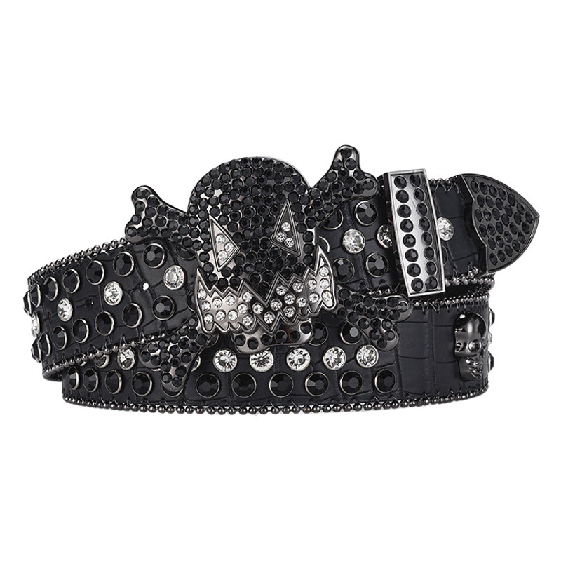European and American Dark Skull Buckle Rhinestone Inlaid Belt High-end Full Diamond Sequins Hip-hop Decorative Nightclub Belt for Men and Women