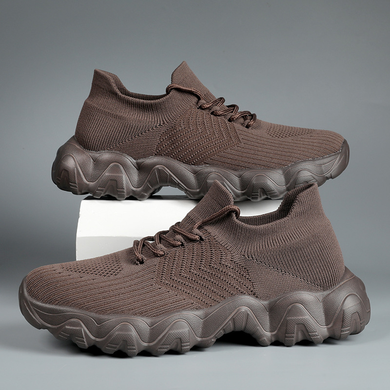 Couple Style Breathable Lace-Up Fly-Knit Socks Shoes Cross-Border Fashion Trend Casual Sports Shoes Men's Outdoor Thick-Soled Shoes
