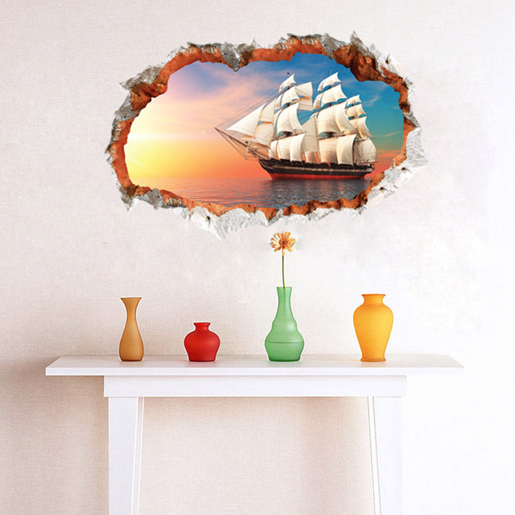 Picture of Clearance Wall Stickers Fashion 3d Sailing Decorative Stickers Personalized Bedroom Living Room Broken Wall Background Removable Wall Stickers