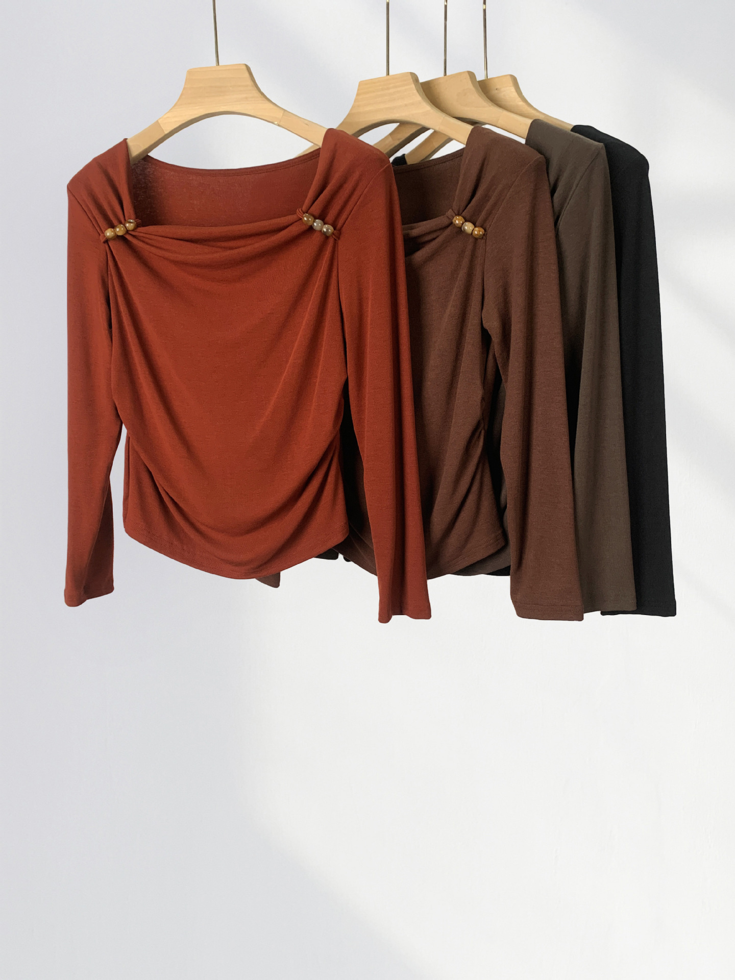 High Quality Combed Cotton Elegant Square Collar Ankora Red Top Spring New Beaded Design Long Sleeve Base Shirt