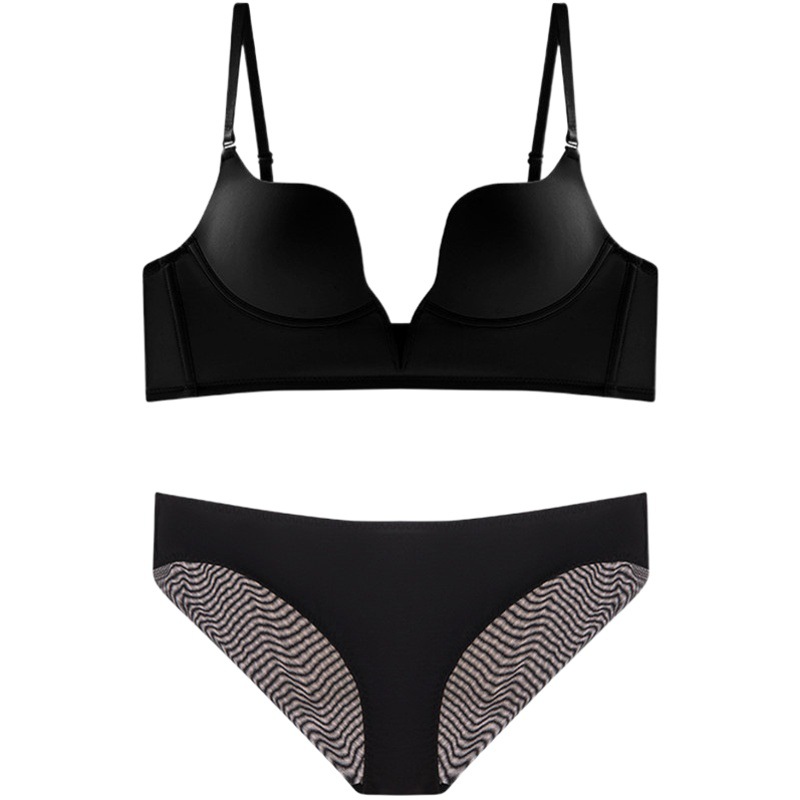 Sexy Glossy Seamless Intimates for Women French Deep V Large Backless Beautiful Back Intimates Small Breasts Show Big Push-Up Bra Set