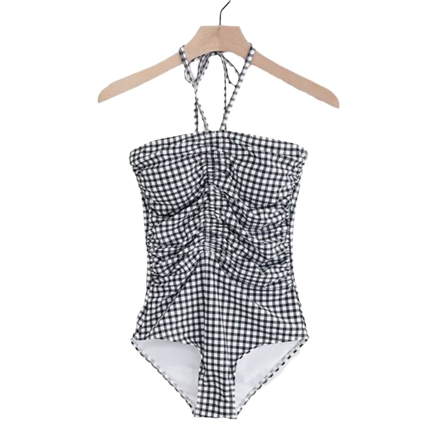 SOURCE Factory Korean style new tube top girl style cute plaid drawstring belly cover slimming holiday sisters swimsuit for women