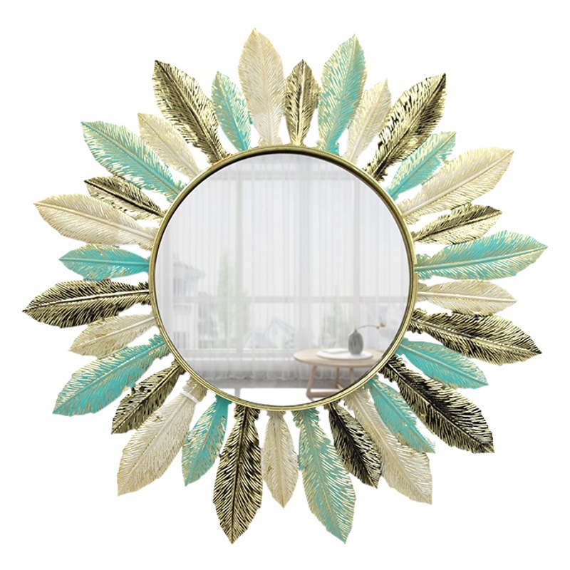 Strict selection of cross-border Wall hanging wrought iron living room three-dimensional feather mirror bathroom makeup mirror Wall decoration mirror