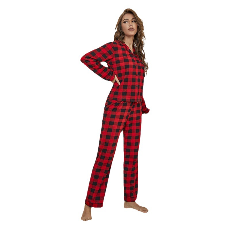 Cross-Border Export European and American Home Clothes Women's Red Plaid Cardigan Shirt Long-Sleeved Pants Pajama Set Amazon Ebay