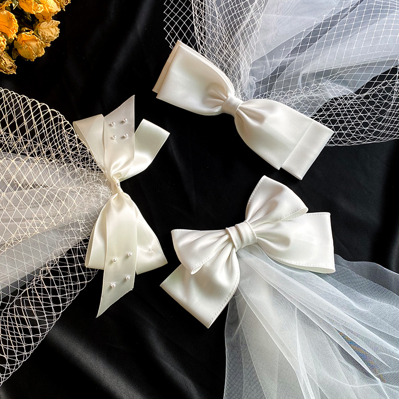 Picture of 2024 New Arrival Bow Veil Super Fairy Wedding Travel Photo White Satin Mesh Hairpin Bridal Hair Accessories