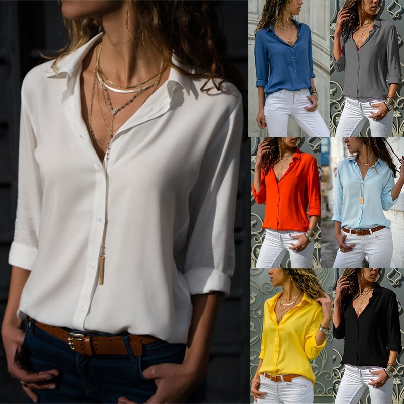 Cross-border Amazon TK European and American Women's Long Sleeve Women's Deep V Button Chiffon Shirt