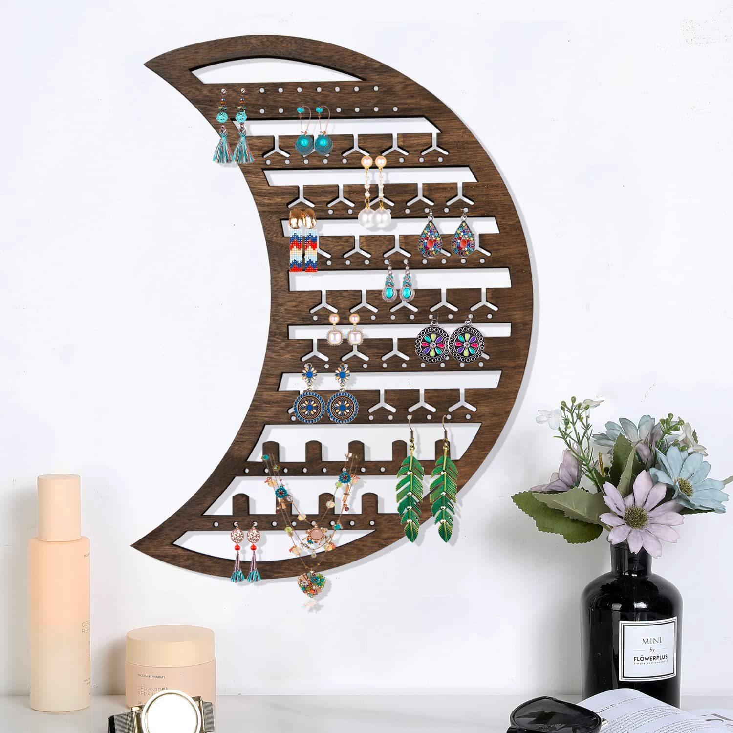 Wooden Moon Shape Wood Decoration Jewelry Display Stand Jewelry Pendant Necklace Bracelet Storage Rack Wall Hanging Earrings