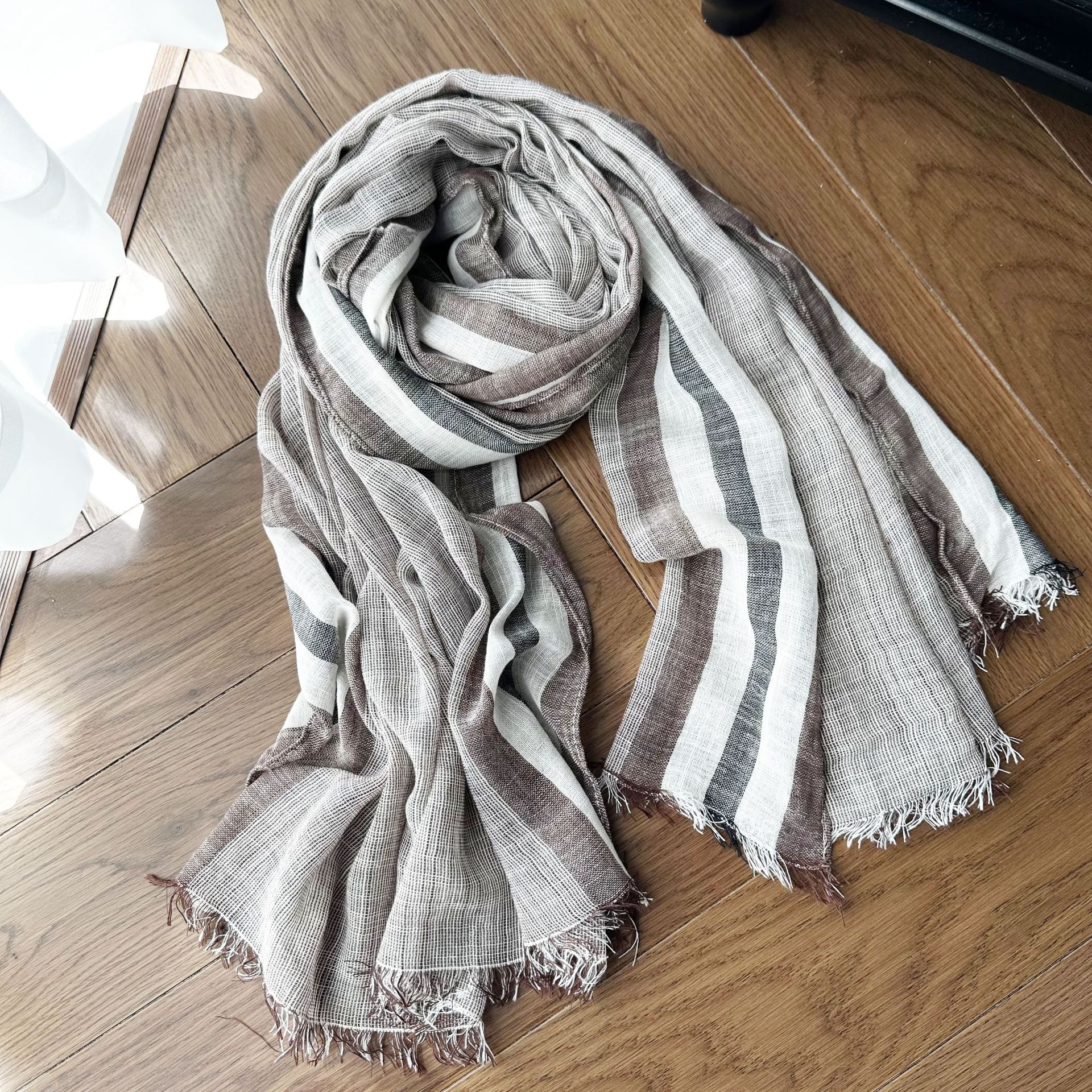 Picture of Literary Classic Striped Color Matching Bamboo Cotton Yarn Scarf Women's Four Seasons Good Wear Thin Long Silk Scarf Sunscreen Shawl