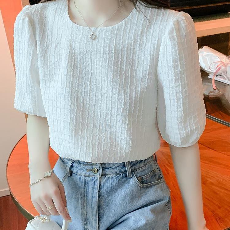 Puff Sleeve Round Neck Loose Shirt Women's Summer Wear 2022 New Design Sense Niche Short Sleeve Chiffon Top Women
