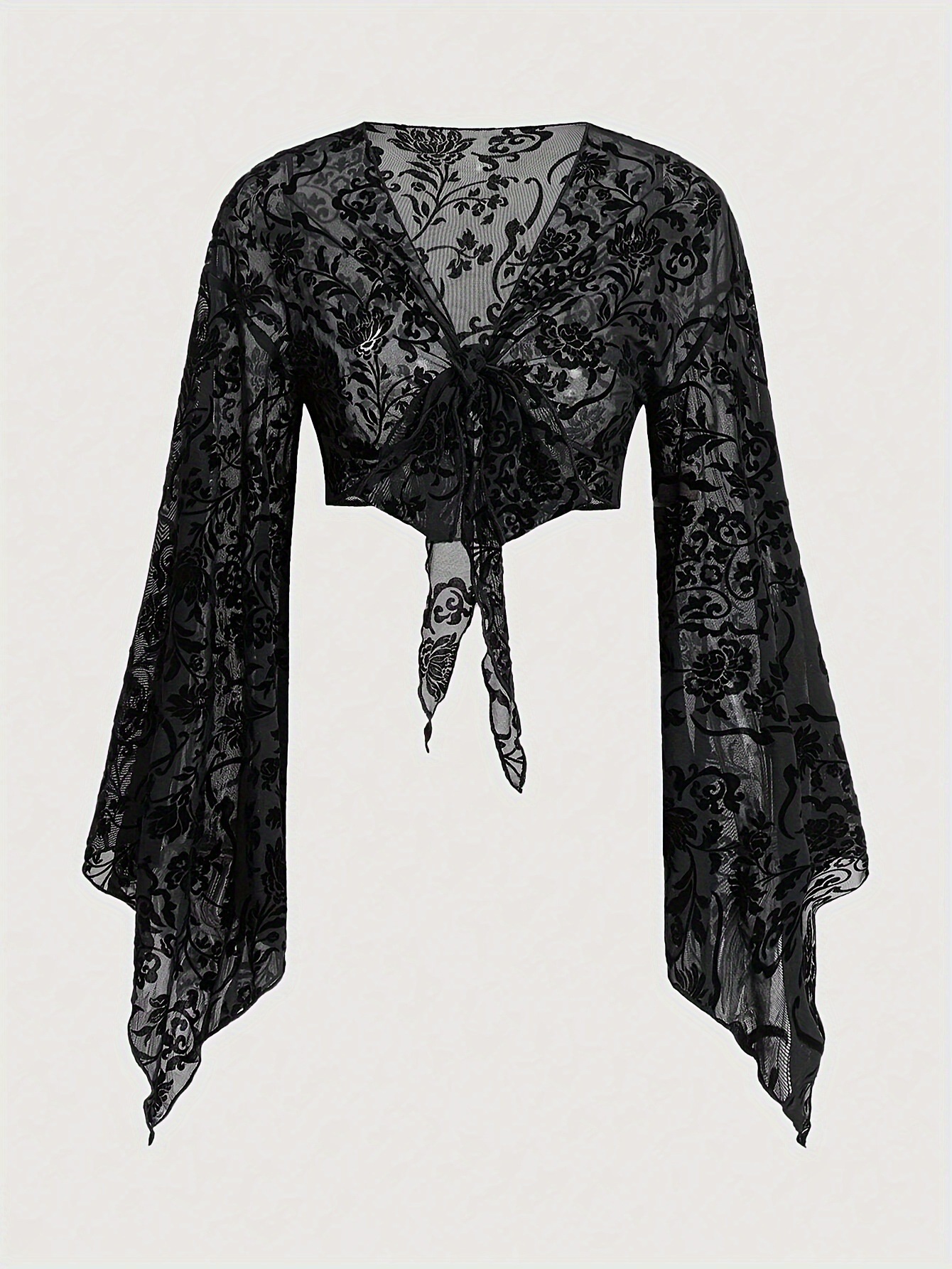 European and American Cross-border New Sexy Horn Sleeve Top Mesh All-match Lace-up Cardigan Short Navel Knit Sweater
