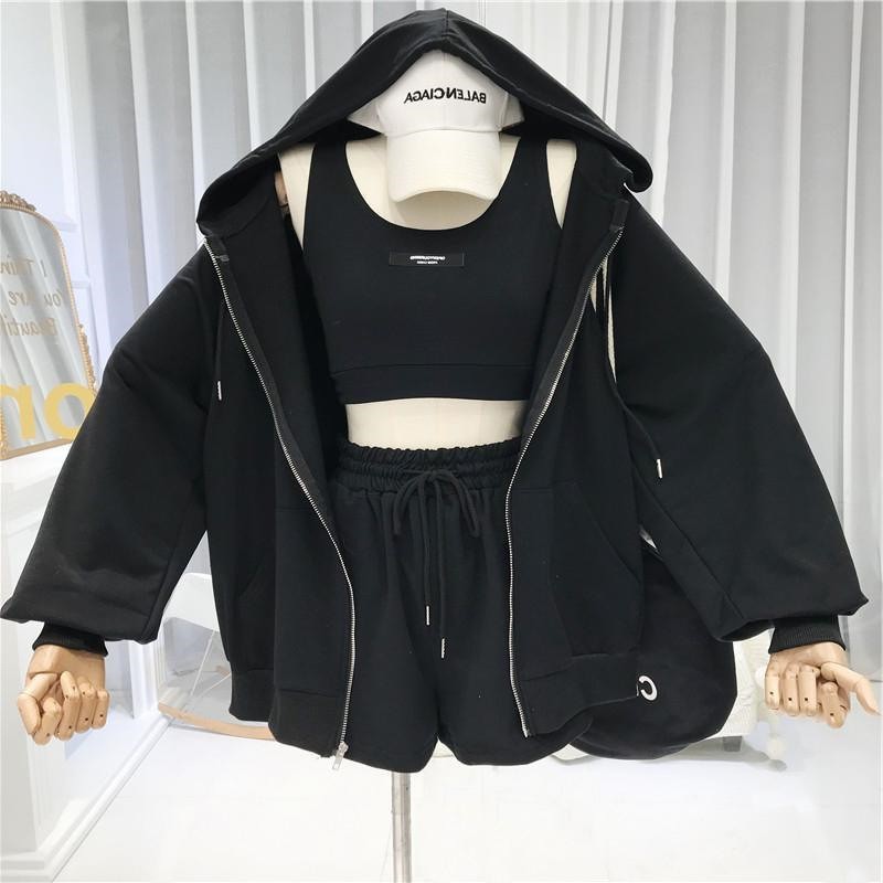 suit Women's 2024 New Casual Hooded Sweater Jacket Camisole Sports Shorts Three-piece Set
