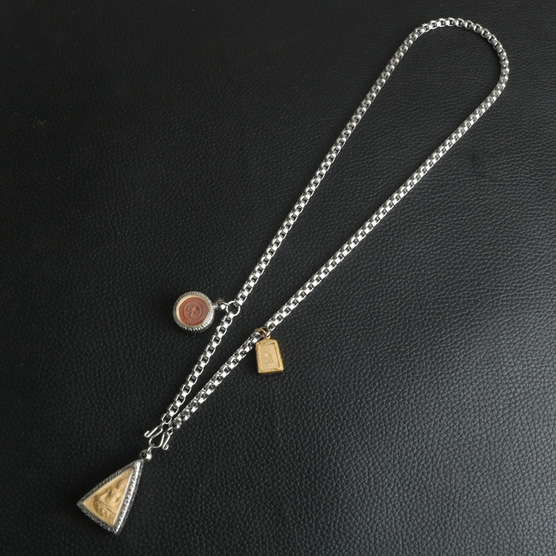 Picture of Guan Gong Guanyin Buddha Pendant Stainless Steel Embossed Square Pearl Chain Three Hanging Thai Buddha Chain Titanium Steel Necklace for Men and Women