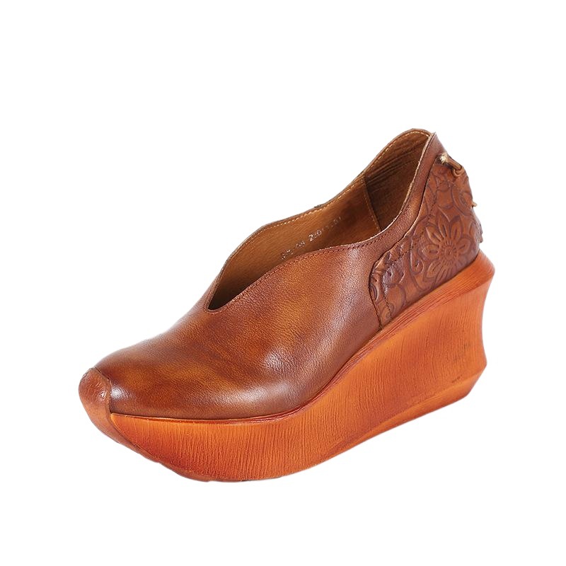 Factory thick-soled wedge leather shoes comfortable breathable handmade retro leather women's shoes muffin high heels wholesale