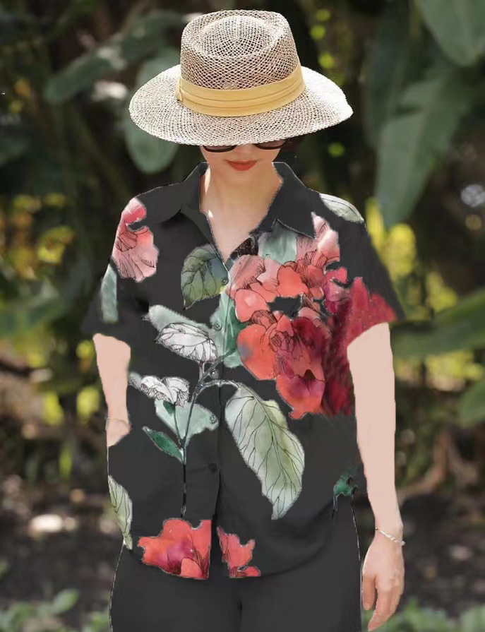 Picture of Amazon Spring and Summer plus size Loose chubby girl Elegant Casual Stylist Age-reducing Printed Shirt with Short Sleeve Lel