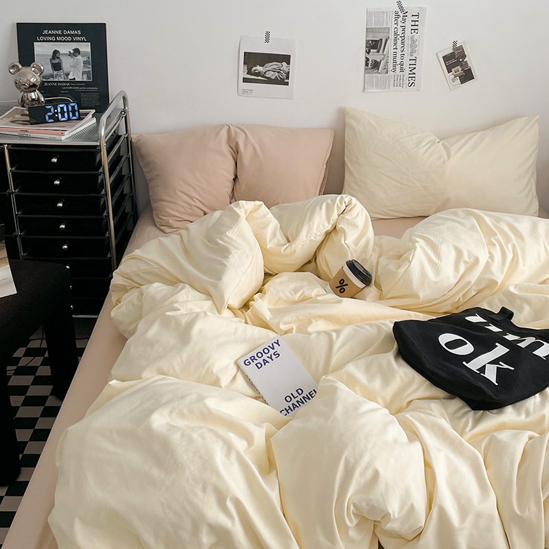Ins Style Solid Color Mix Washed Cotton Bed Four-piece Set Simple Quilt Cover Bed Sheet Bed Hat Student Dormitory Three-piece Set 4