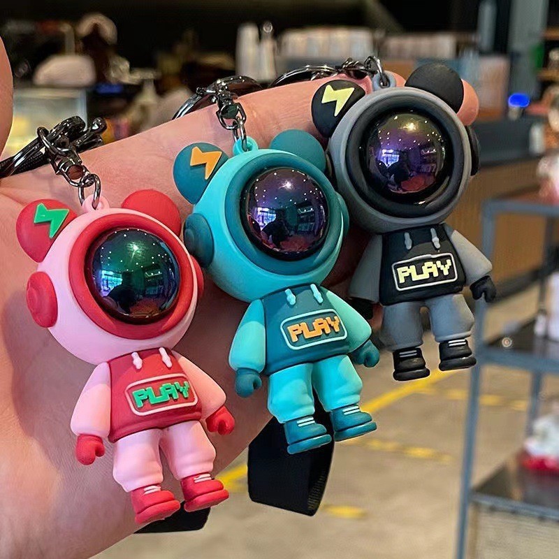 Creative play Three-dimensional Lightning Bear Keychain Cartoon Silicone Mask Bear Astronaut Pendant Couple Bag Jewelry