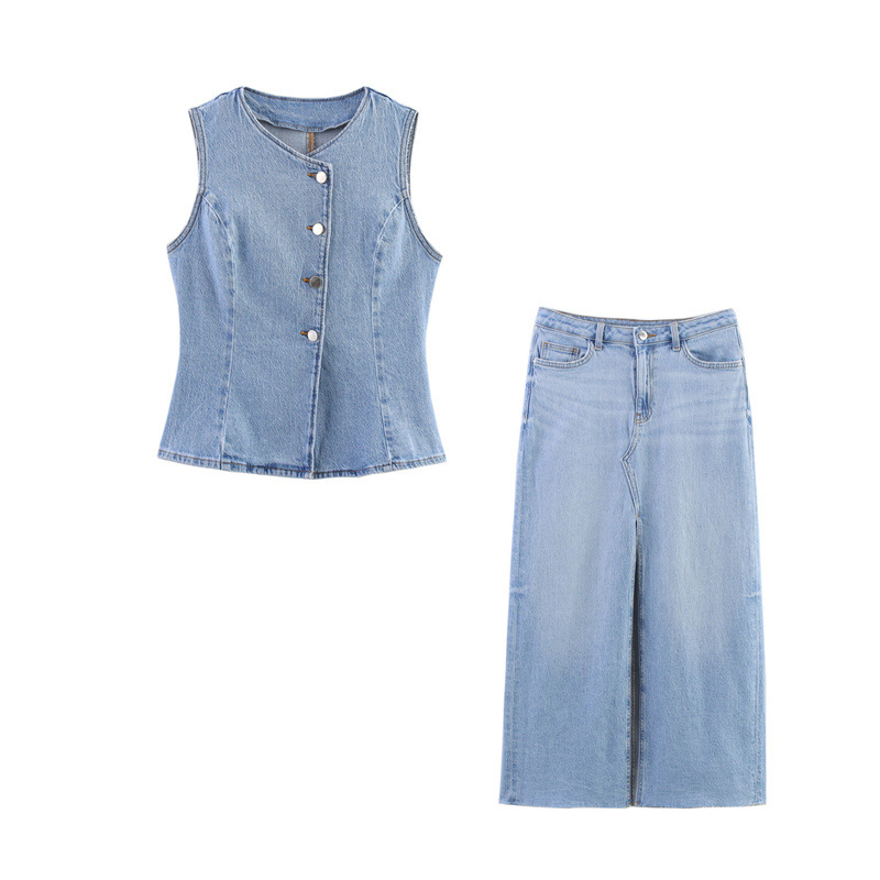 Light Blue Denim Vest Casual Sleeveless Vest + Pure Color High Waist Slit Skirt European and American Cross-Border New Style