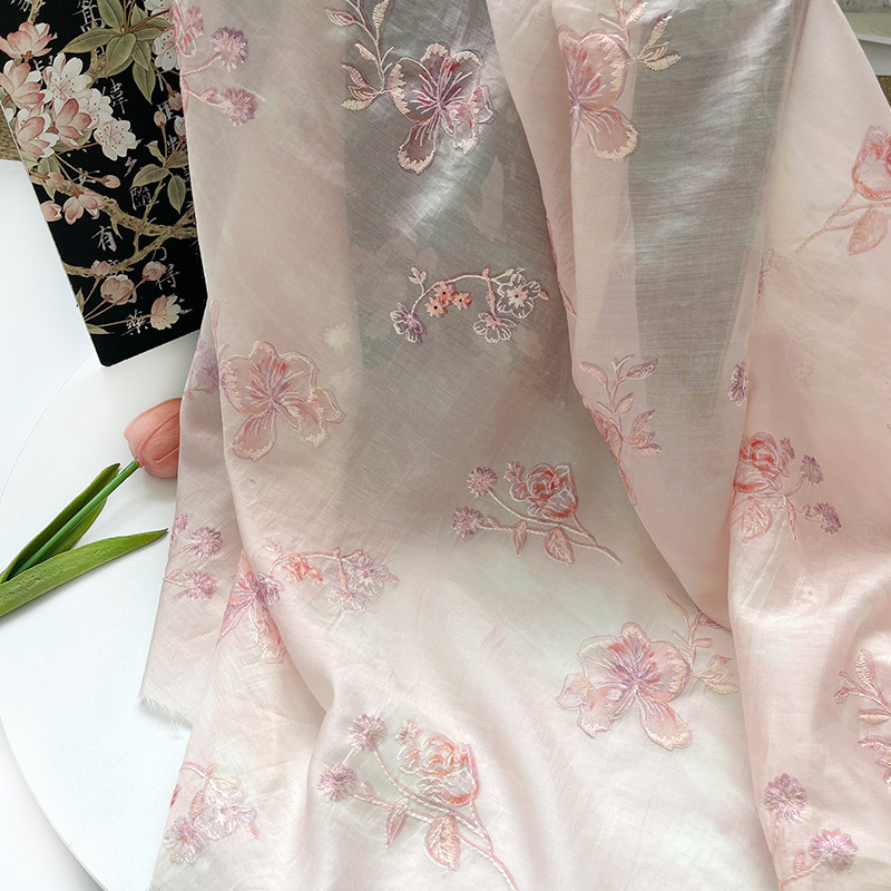 Dreamy Pink Flower New Chinese Style Digital Printed Embroidered Fabric Hanfu Cheongsam Dress Fabric Handmade DIY