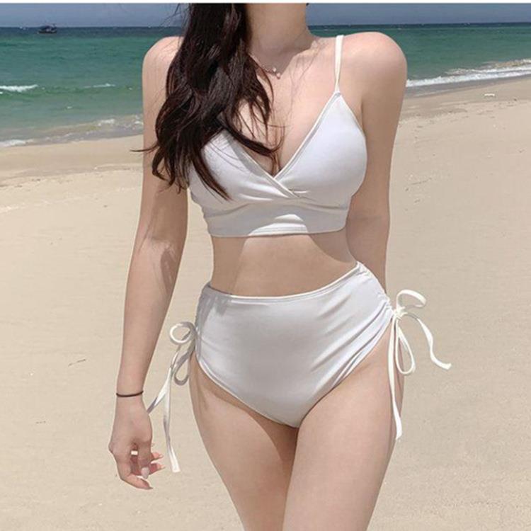 Source factory wholesale New Korean swimsuit women Sexy Slim high waist belly drawstring waist split bikini