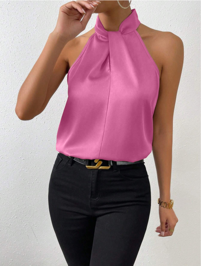 Picture of 2025 New Summer European and American Clothing Satin Halterneck Sleeveless Vest Satin Imitation Silk Top Wholesale in Stock