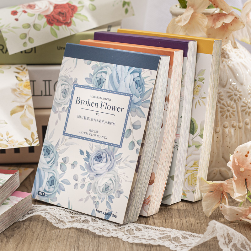 Broken Moon Starry Series Handbook Material Paper Beautiful Day Literary Watercolor Flower Decoration 100 Sheets into 6 Styles