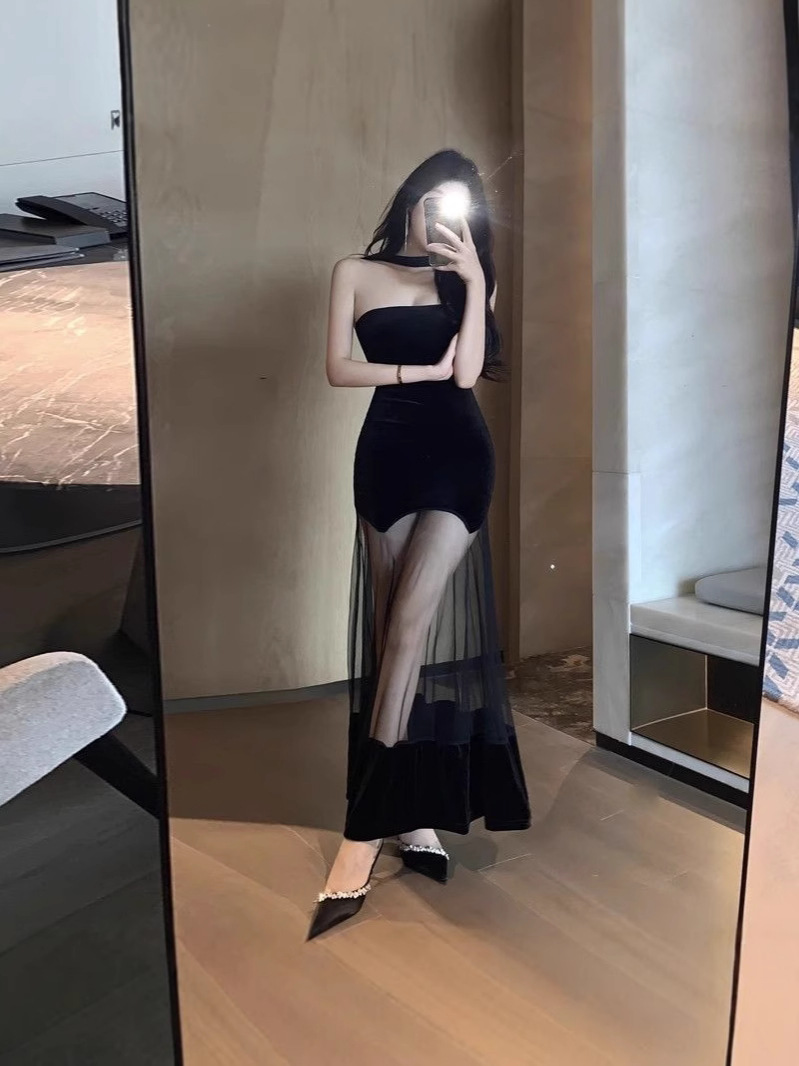 Sexy Hot Girl Mesh Design Solid Color Velvet Dress Women's Pure Desire Birthday Party Dress Slim Dress